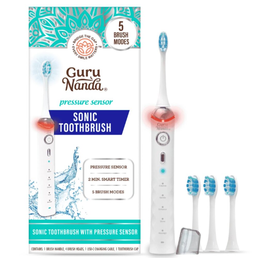 Guru Nanda-pressure sensor sonic toothbrush- 3pk replacement heads included